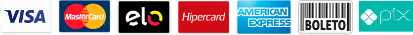 Formas de pagamento: Visa, Mastercard, Elo, Hipercard, American Express, Boleto e Pix