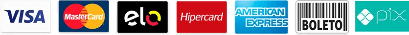 Formas de pagamento: Visa, Mastercard, Elo, Hipercard, American Express, Boleto e Pix